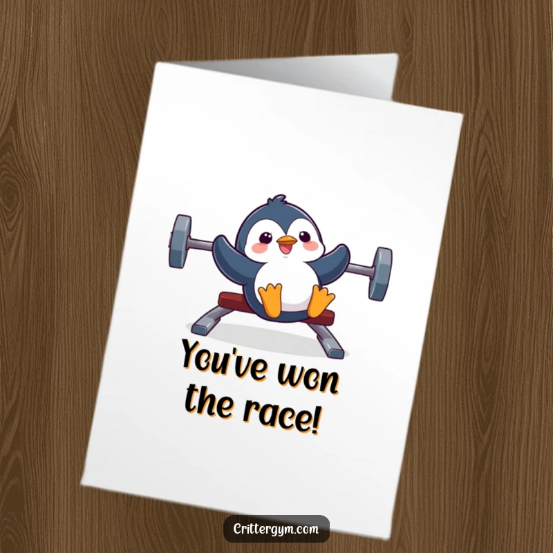 Funny free printable congratulations card featuring a silly penguin sliding down a weight bench with pure joy.