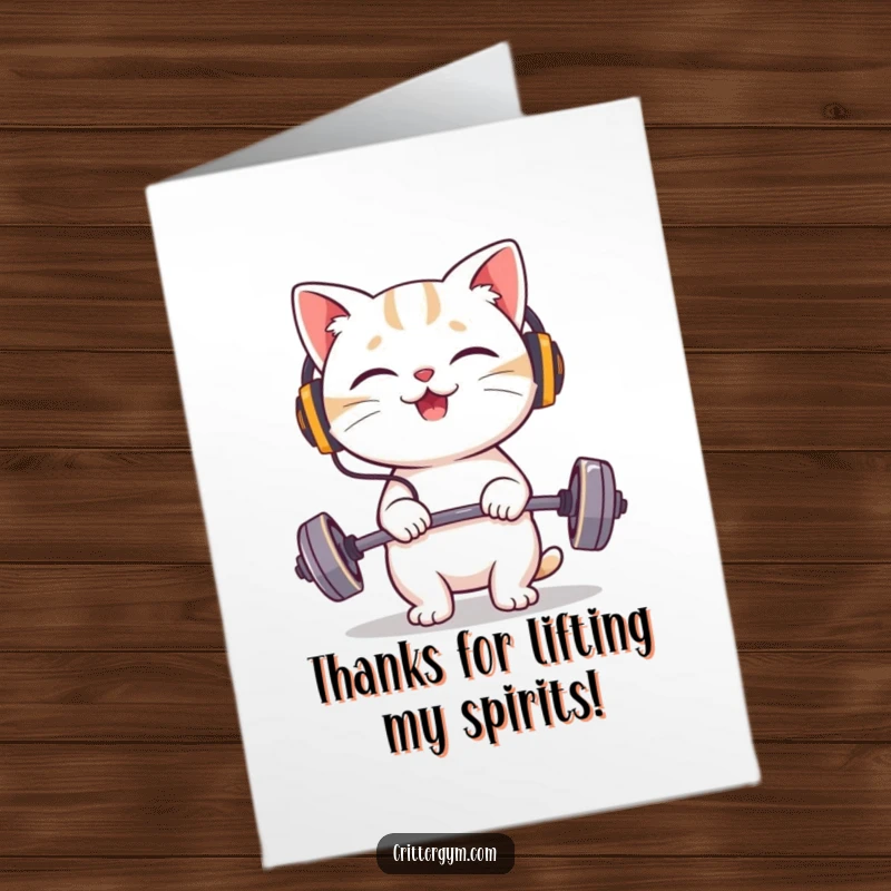 Funny Free Printable Thank You Card: Giggling cat in headphones lifts tiny barbell, expressing thanks.