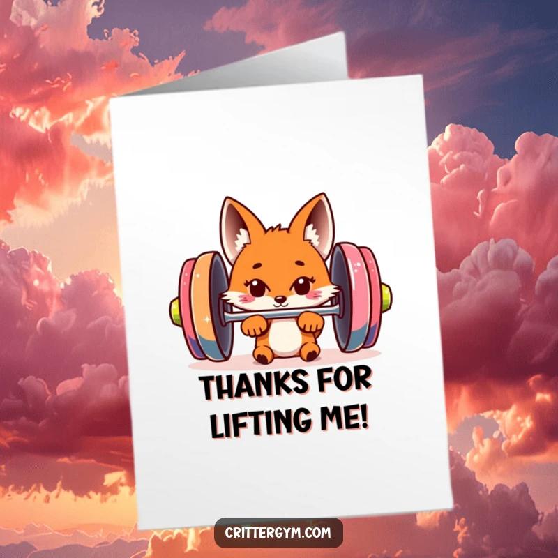 Funny Free Printable Fox Thank You Card: A fox peeking behind a barbell sends thanks with a surprisingly strong charm.