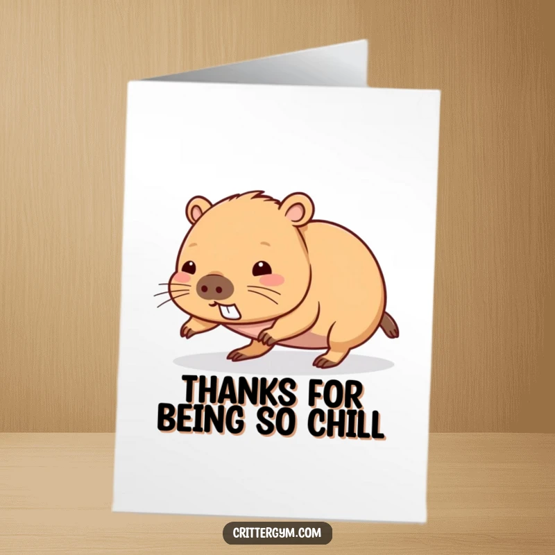 Funny Free Printable Thank You Card: A Kawaii capybara doing a push-up with visible strain, a comical thank you.