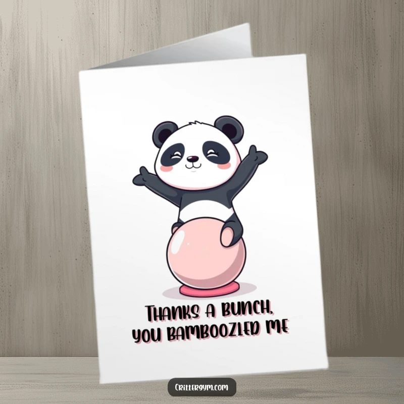 Funny Free Printable Thank You Card: Kawaii panda with intense focus balancing on a yoga ball, a comical thanks.