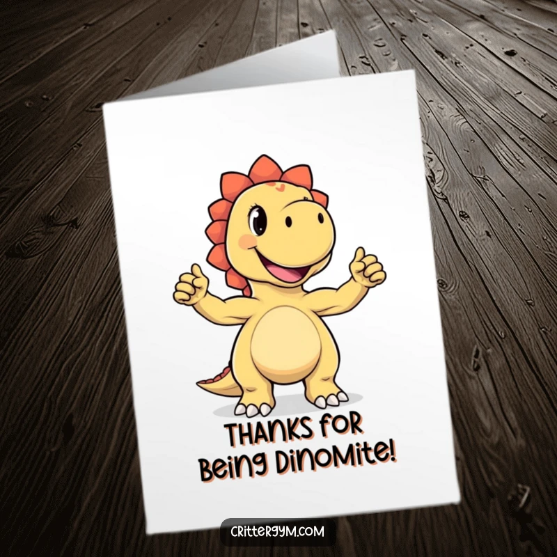 Funny Free Printable Thank You Card: Joyful Dinosaur proudly flexing tiny biceps with a huge grin, showing gratitude.