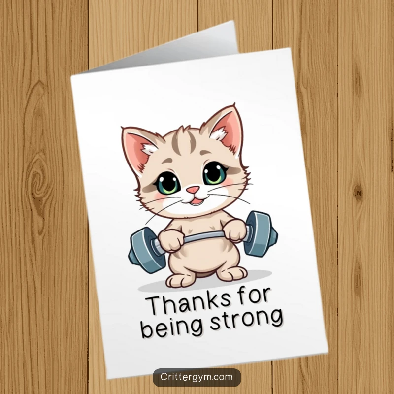 Funny Free Printable Thank You Card: A little kitten showing off biceps after lifting weights, expressing gratitude with a grin.