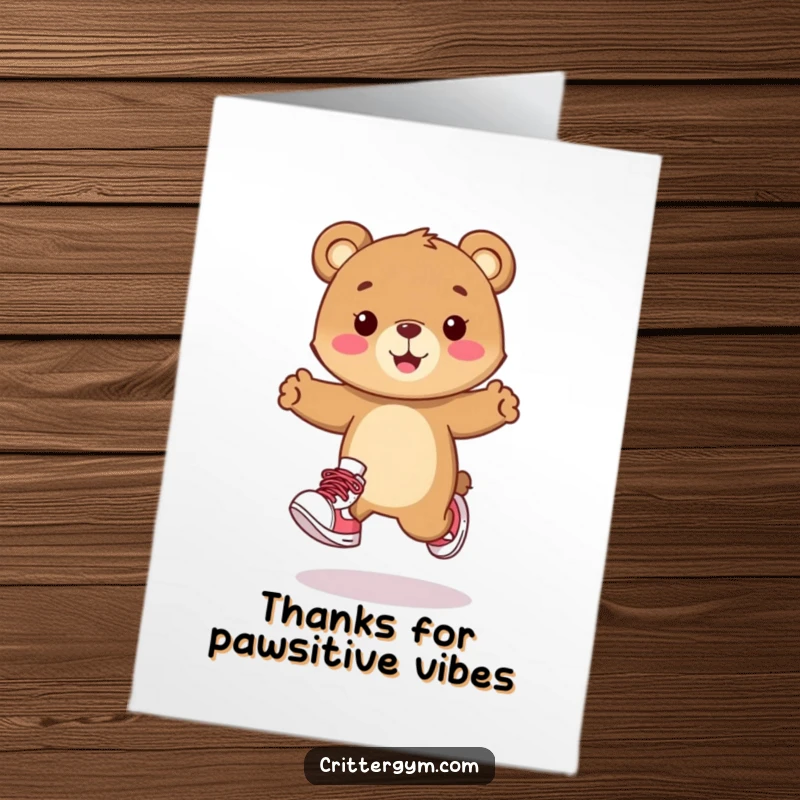 Funny Free Printable Thank You Card: Happy bear cub wearing sneakers, doing a delightful hop, conveying thanks with infectious cheerfulness and playful energy.