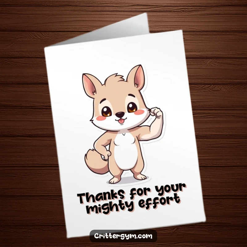 Funny Free Printable Thank You Card: Small animal character proudly flexing a minuscule bicep, conveying thanks with a playful grin.