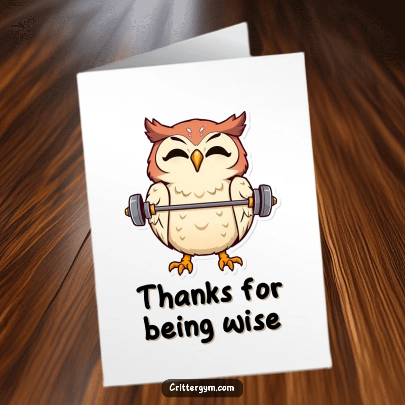 Funny Free Printable Thank You Card: An overjoyed owl balances a tiny barbell on its beak, showing impressive gratitude.