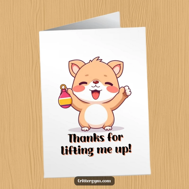 Funny Free Printable Thank You Card: A cute creature cheers, proudly holding a tiny colorful weight.