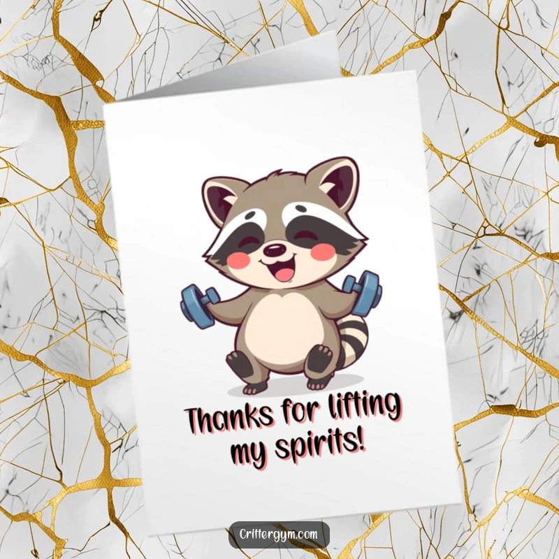 Funny Free Printable Thank You Card: Giggling Kawaii raccoon lifting small barbells, a strong downloadable gift.