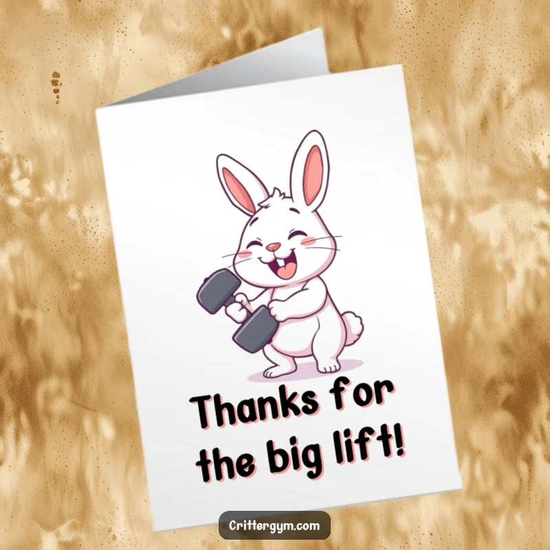 Funny Free Printable Thank You Card: A smiling rabbit comically attempts to lift a tiny dumbbell and hilariously fails.