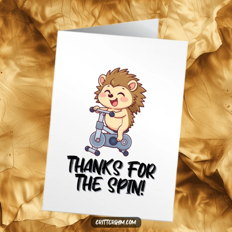 Funny Free Printable Thank You Card: Hedgehog on an exercise bike, conveying thanks with a humorous cartoon.