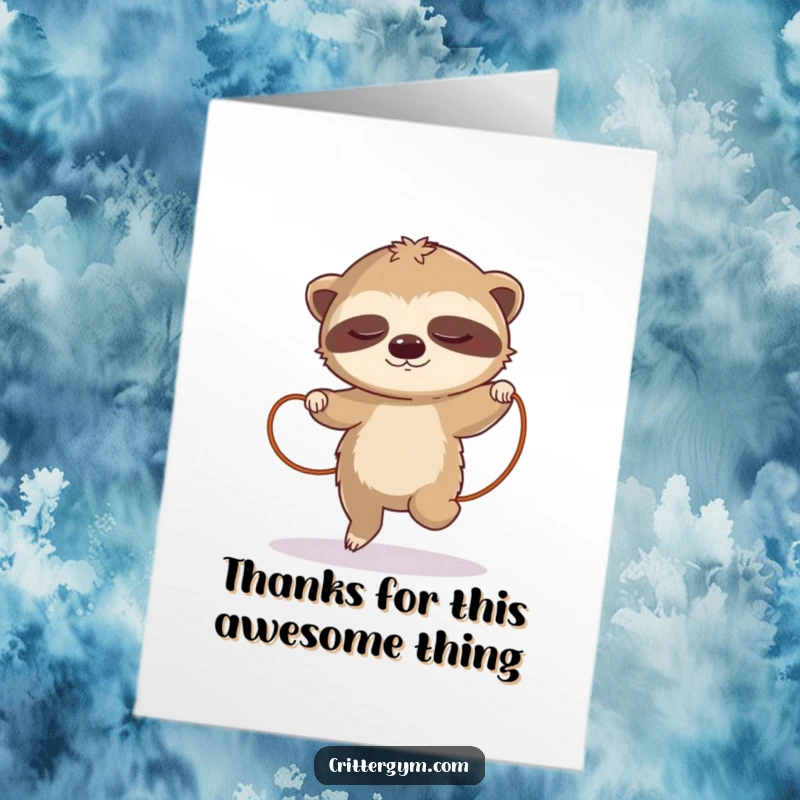 Funny Free Printable Sloth Thank You Card depicts a sleepy sloth in a slow-motion jump rope, expressing thanks for effort.