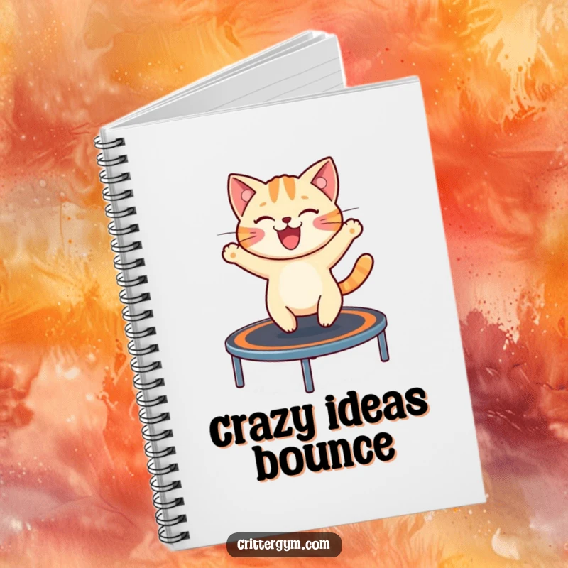 Funny notebook showcasing a cheerful cat excitedly bouncing on a miniature trampoline, perfect for jotting down playful ideas.