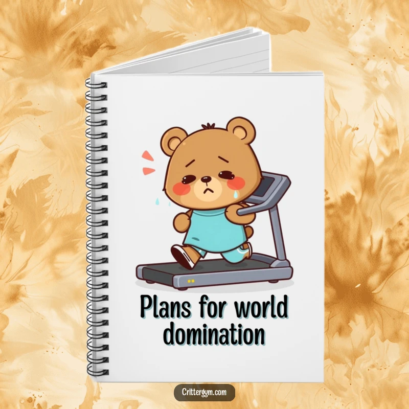 Funny notebook with a small bear character running intensely on a treadmill, sweating but smiling, great for logging workouts and creative planning.