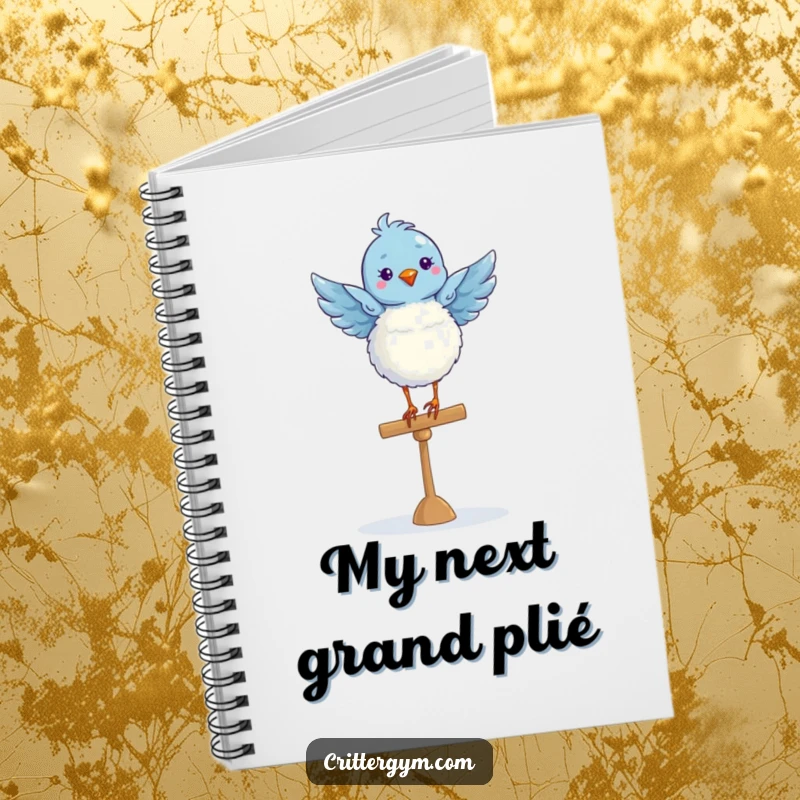 Funny fluffy blue bird in a graceful ballet pose on a balance beam, featured on the cover of a humorous notebook.