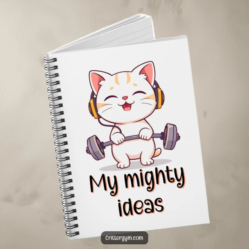 Funny cat notebook featuring a giggling character wearing tiny headphones, happily lifting a very small barbell.