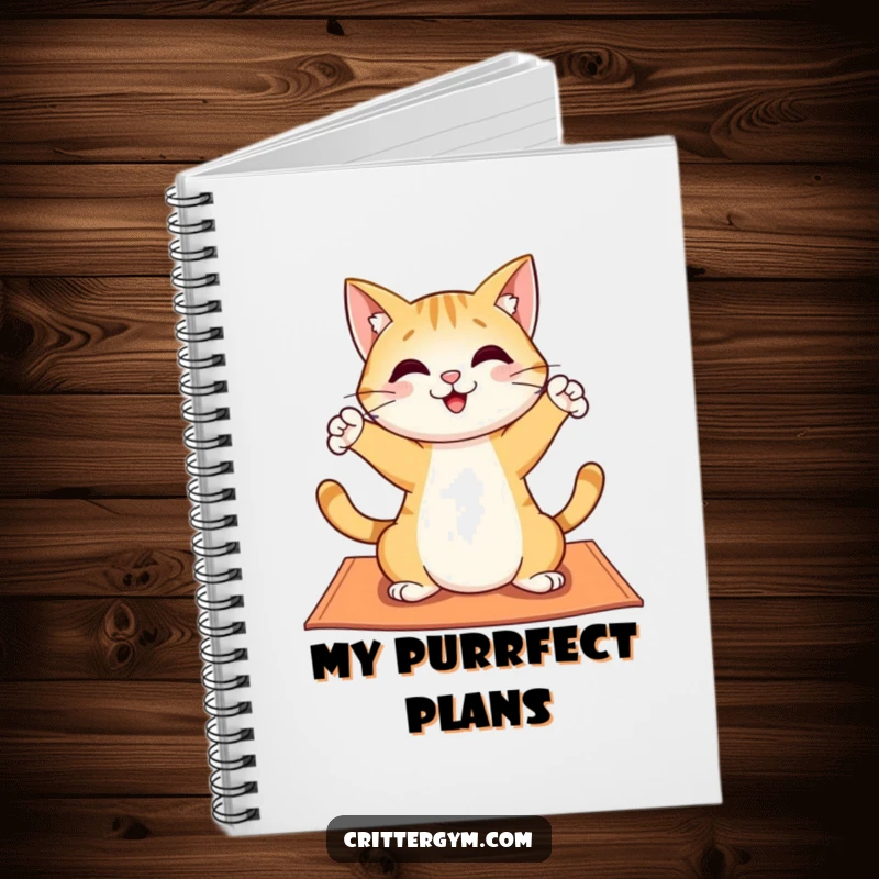 Funny notebook with a cheerful cat character stretching playfully on a yoga mat, ideal for jotting down notes with a humorous touch.