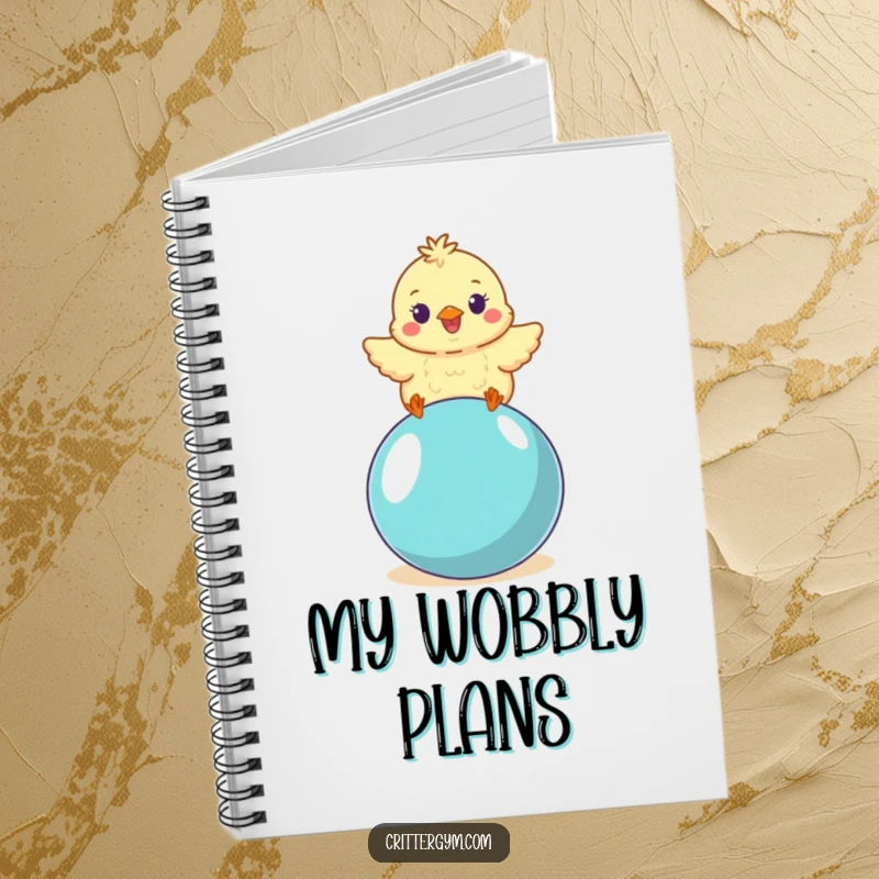 Funny small fluffy chick character wobbling on a yoga ball, on the cover of a notebook, perfect for journaling, great funny gift.