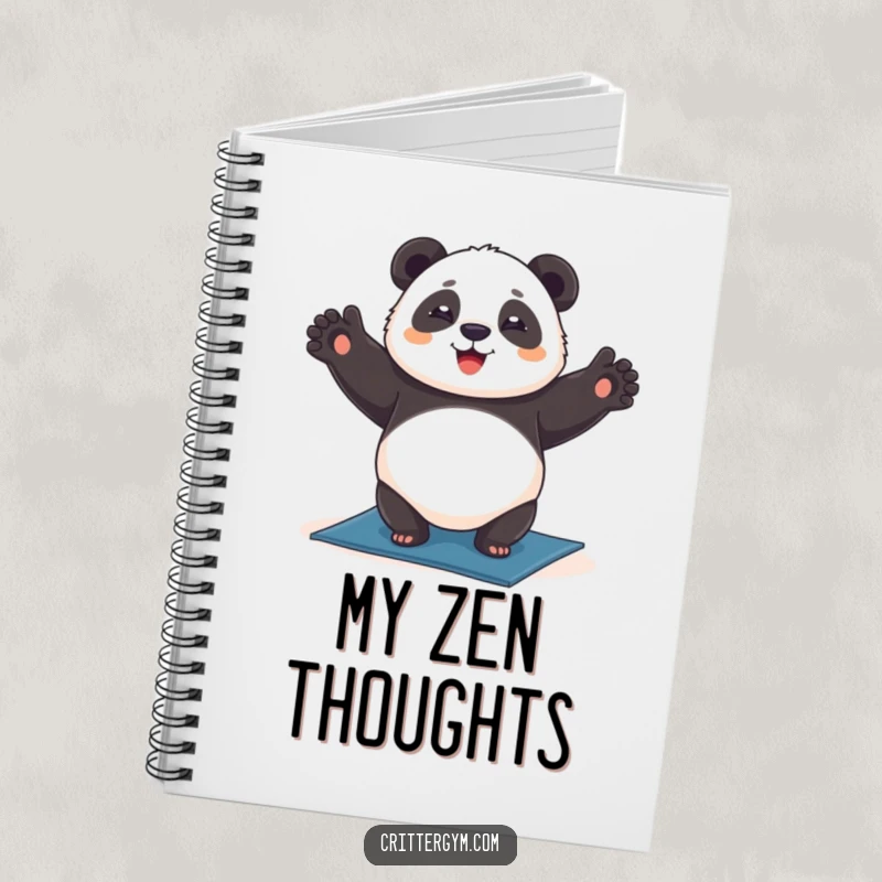 Funny chubby panda notebook, happily doing a headstand on a yoga mat, for writing and journaling, humorous funny gift.