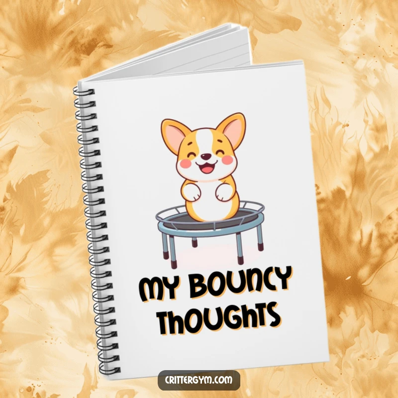 Funny notebook featuring a happy corgi bouncing on a miniature trampoline, ideal for recording notes, ideas, and plans with a touch of canine cheer.