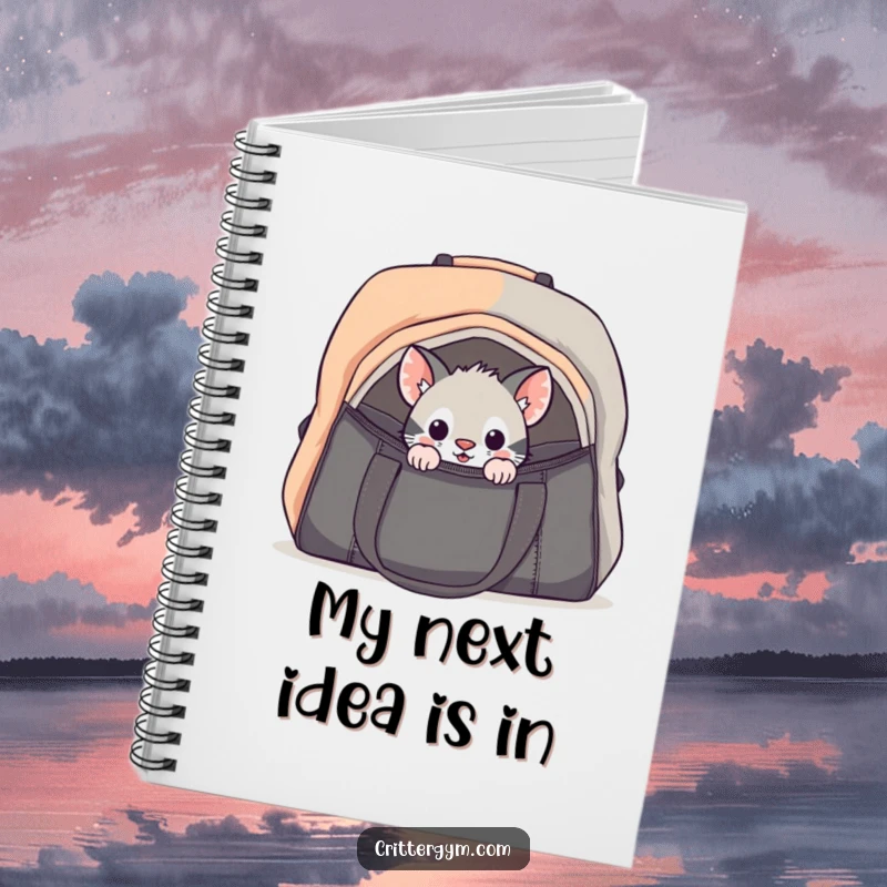 Funny curious critter gym bag notebook with a small animal cautiously peeking into a large gym bag, great for jotting down inspired thoughts.