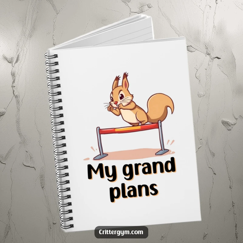 Funny determined squirrel notebook, doing a dramatic leap over a tiny hurdle, for planning and writing, humorous funny gift.