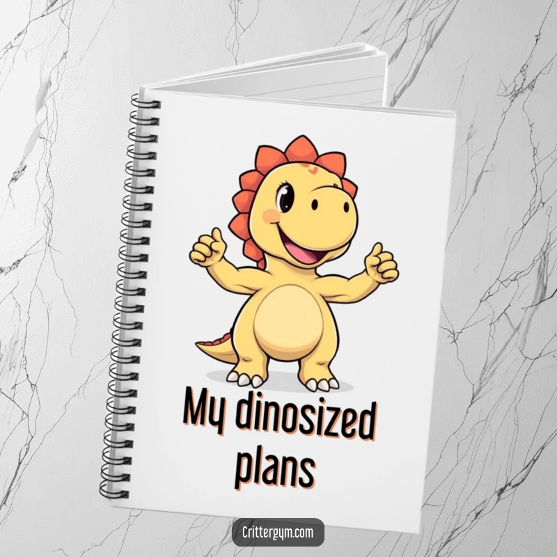 Funny notebook with a joyful dinosaur character proudly flexing its minuscule biceps with a determined grin, inspiring humor and creativity on every page.