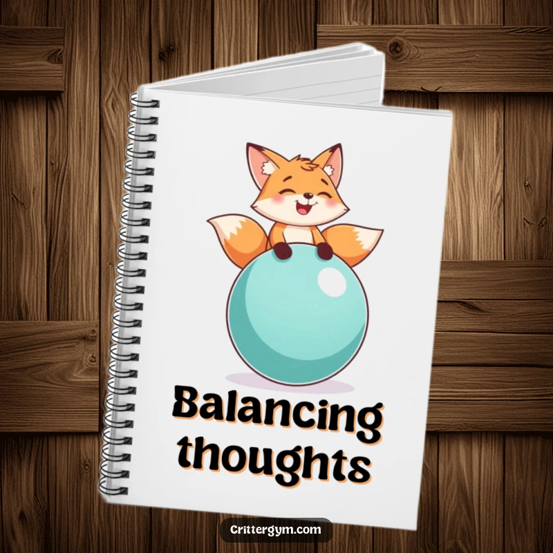 Funny fox balance notebook featuring a playful fox character laughing while balancing on a large exercise ball, perfect for journaling.