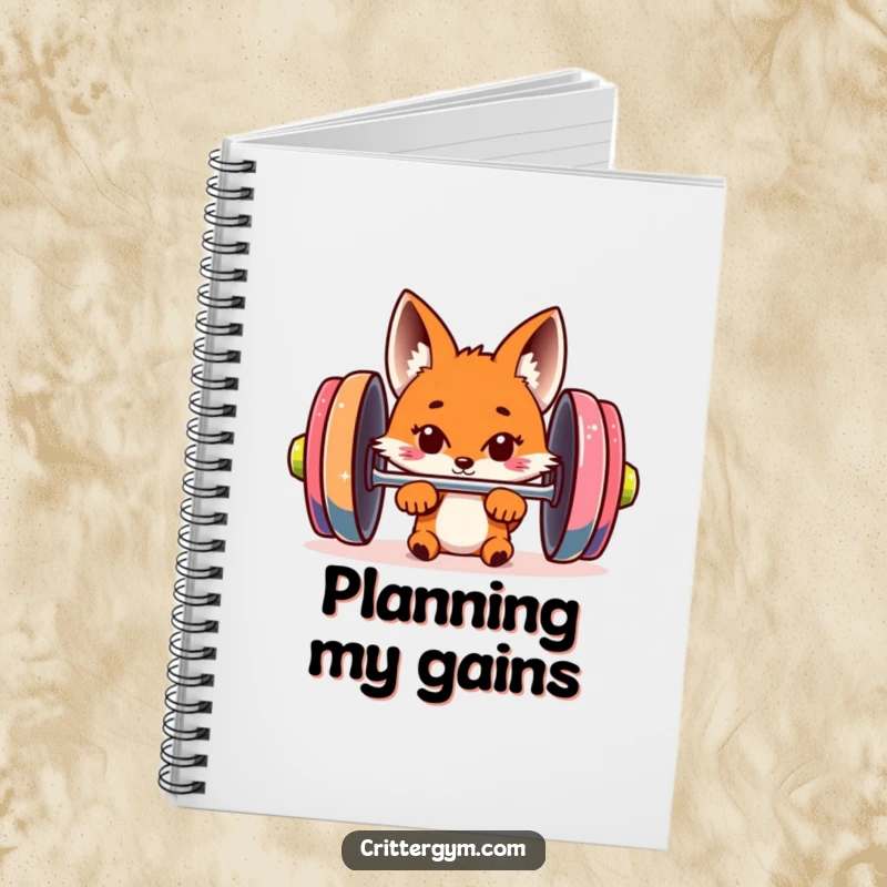 Funny fox notebook cover with a curious fox peeking from behind a giant barbell, perfect for jotting down fitness goals and ideas.
