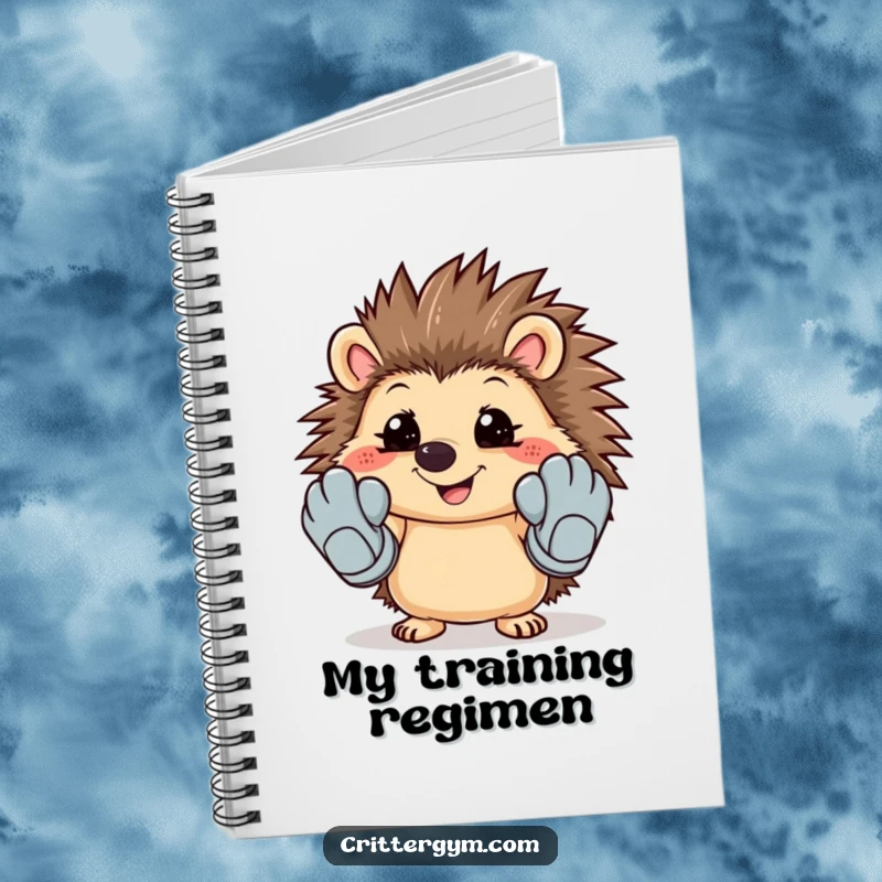 Funny notebook cover with a smiling hedgehog trying on oversized workout gloves, perfect for notes and plans.