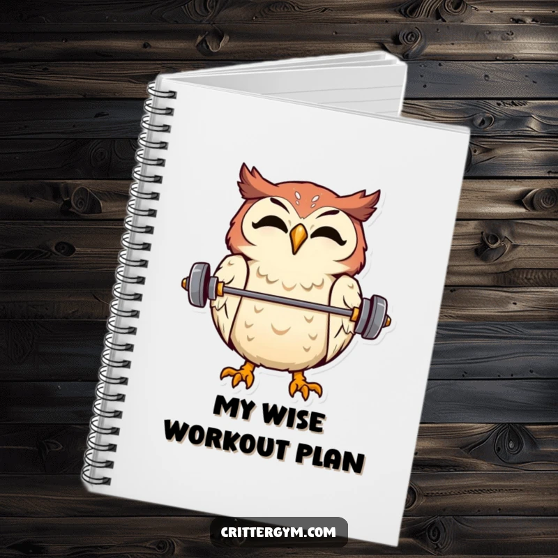 Funny notebook cover with an overjoyed owl balancing a tiny barbell on its beak, perfect for notes and plans.