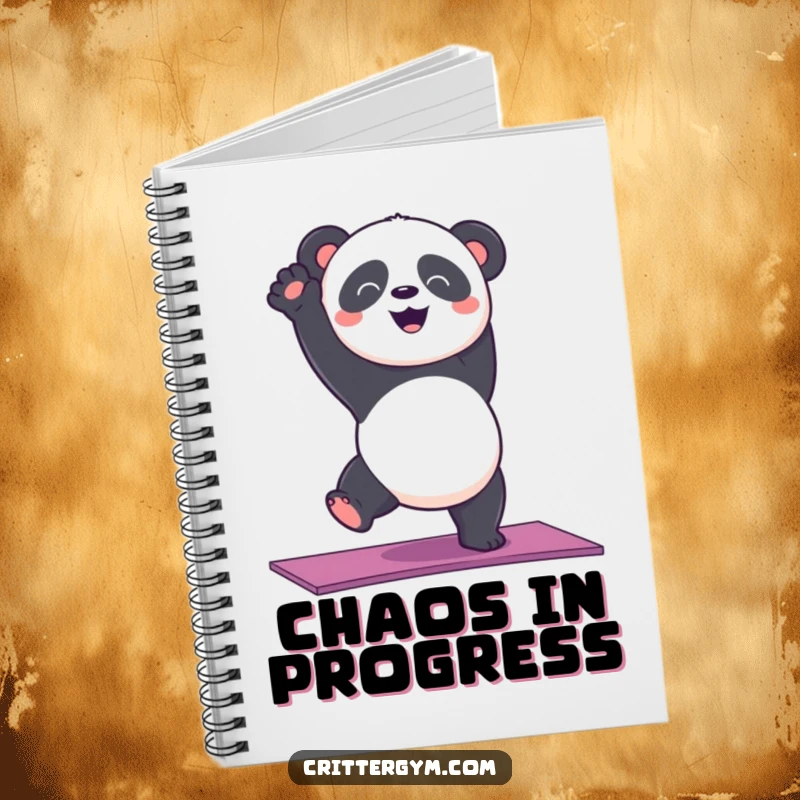 Funny panda bear attempting a handstand on a yoga mat, featured on a humorous notebook cover.
