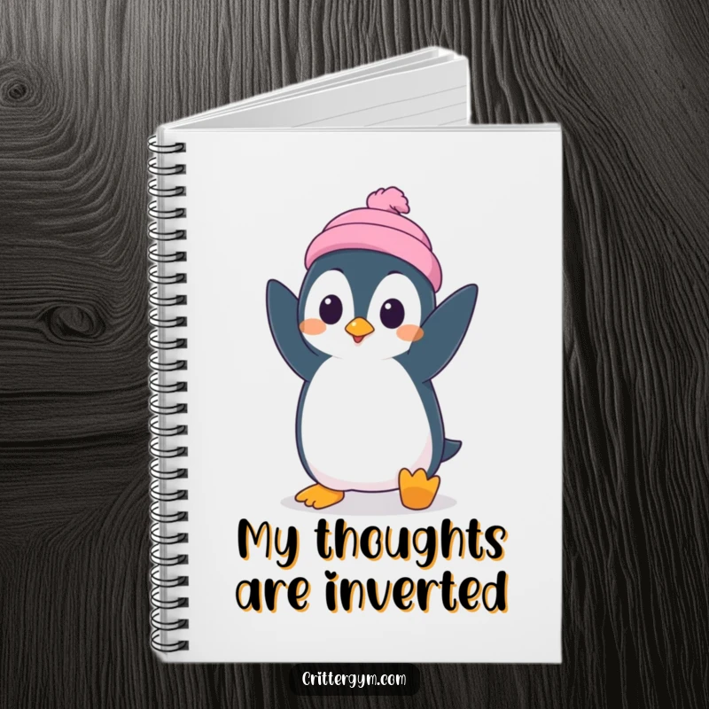 Funny notebook with a silly penguin character attempting a handstand with surprised concentration, ideal for note-taking.