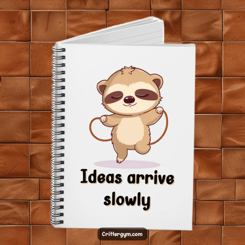 Funny sloth notebook, featuring a sleepy sloth attempting jump rope, ideal for journaling slow thoughts and ideas.