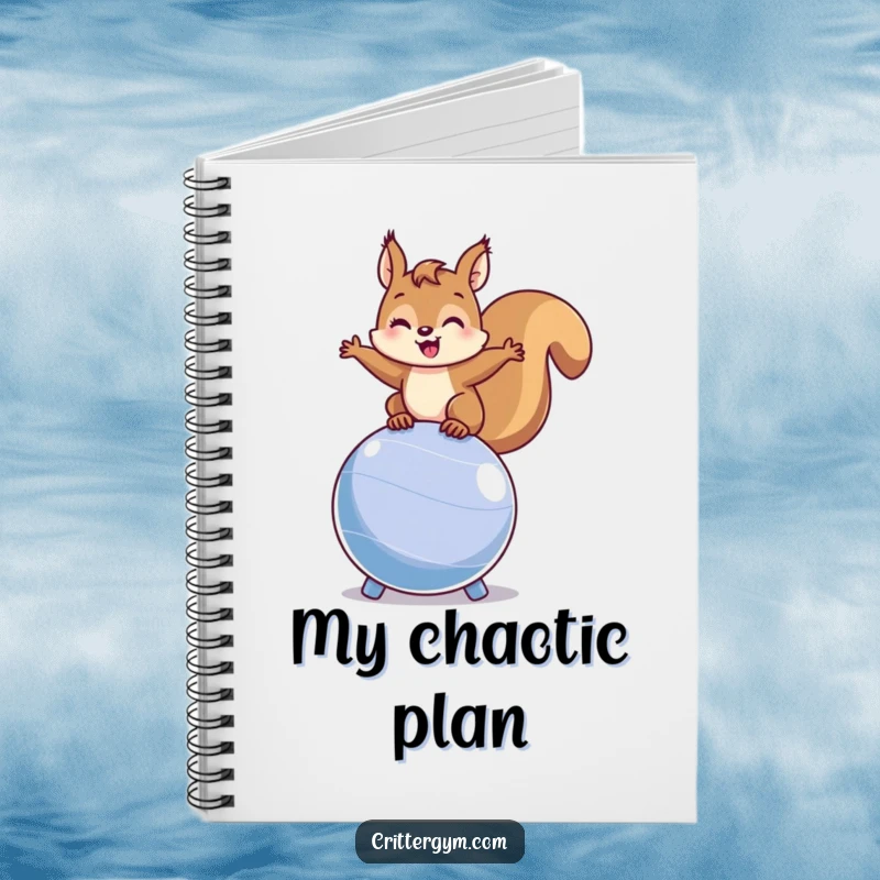 Funny squirrel notebook cover with a happy squirrel balancing on a bouncing fitness ball, perfect for jotting down energetic ideas.