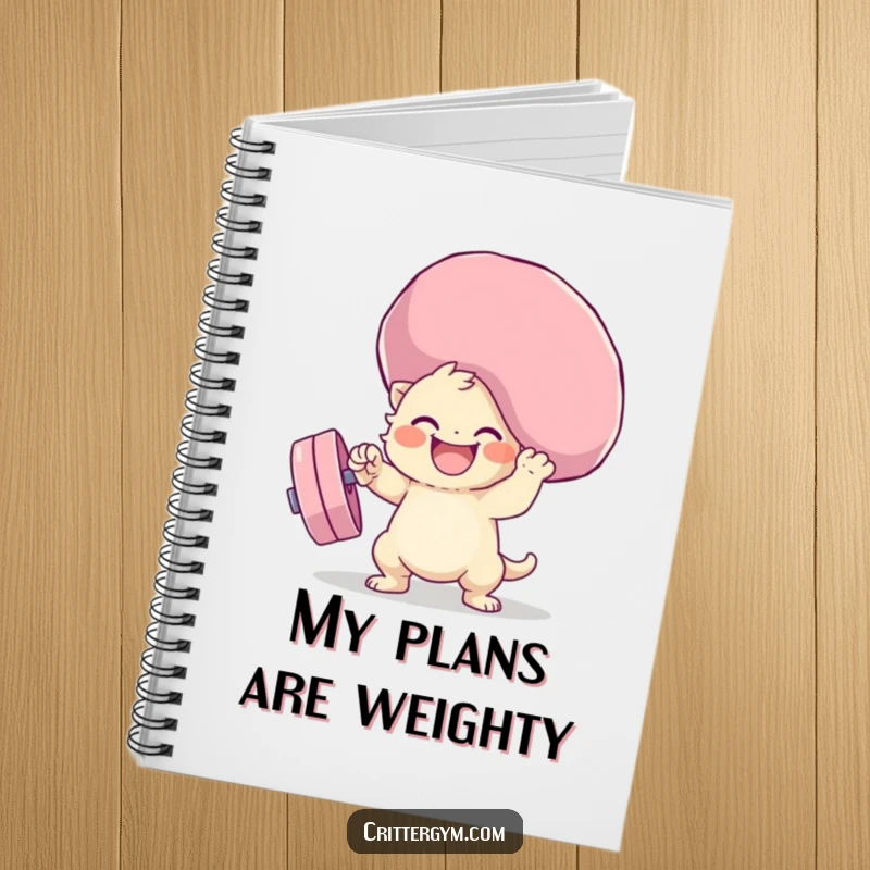 Funny squishy weight lifting notebook with a small creature gleefully lifting a massive, soft weight, perfect for capturing inspired thoughts.