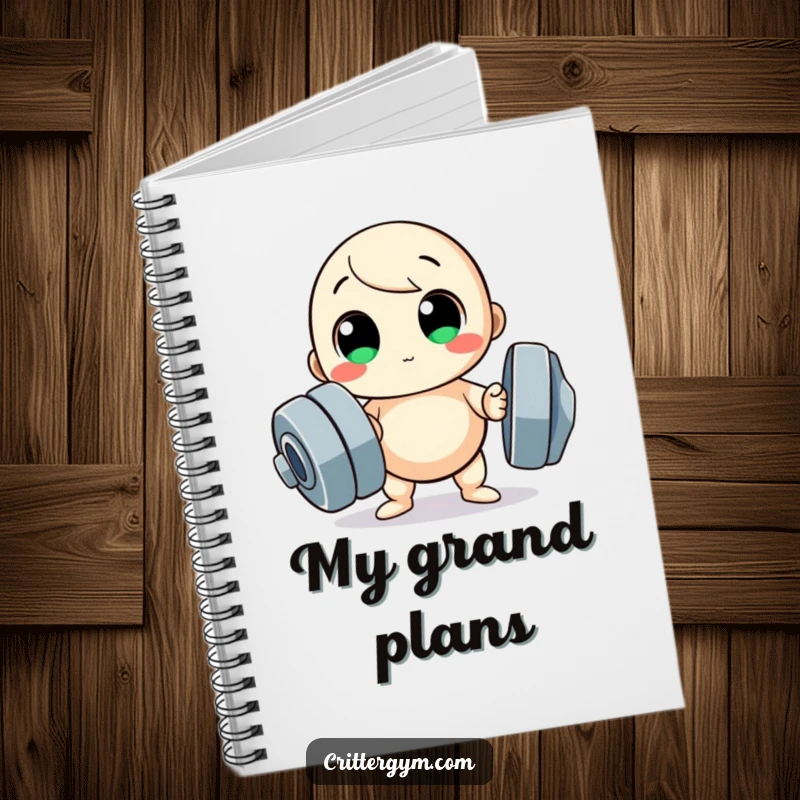 Funny notebook, small round character trying to lift a huge dumbbell, for workout logs.