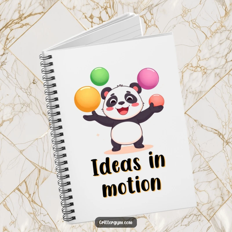 Funny notebook featuring a cheerful panda bear gleefully juggling yoga balls, ideal for jotting down notes with a humorous touch.