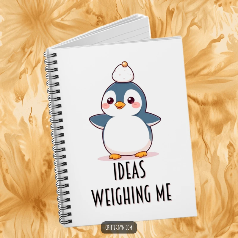 Funny Kawaii penguin character balancing a small weight on its head, a humorous and inspiring notebook.