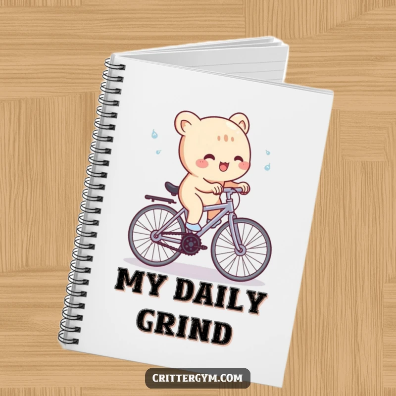 Funny Notebook: A cute creature gleefully pedals a tiny stationary bike with sweat flying, illustrating humorous cycling.