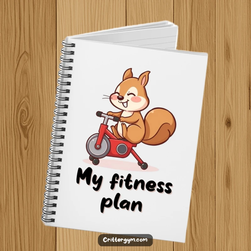 Funny notebook, cute squirrel doing a leg kick on a tiny red exercise bike, for fitness notes.