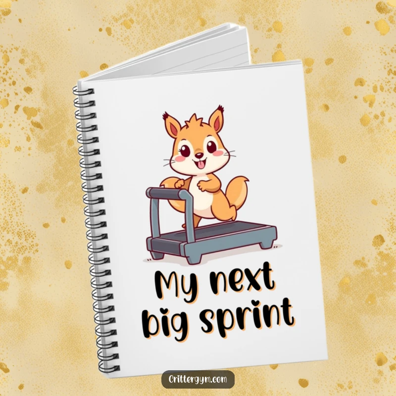 Funny Kawaii squirrel character on a miniature treadmill, a hilarious and inspiring notebook for jotting down thoughts.