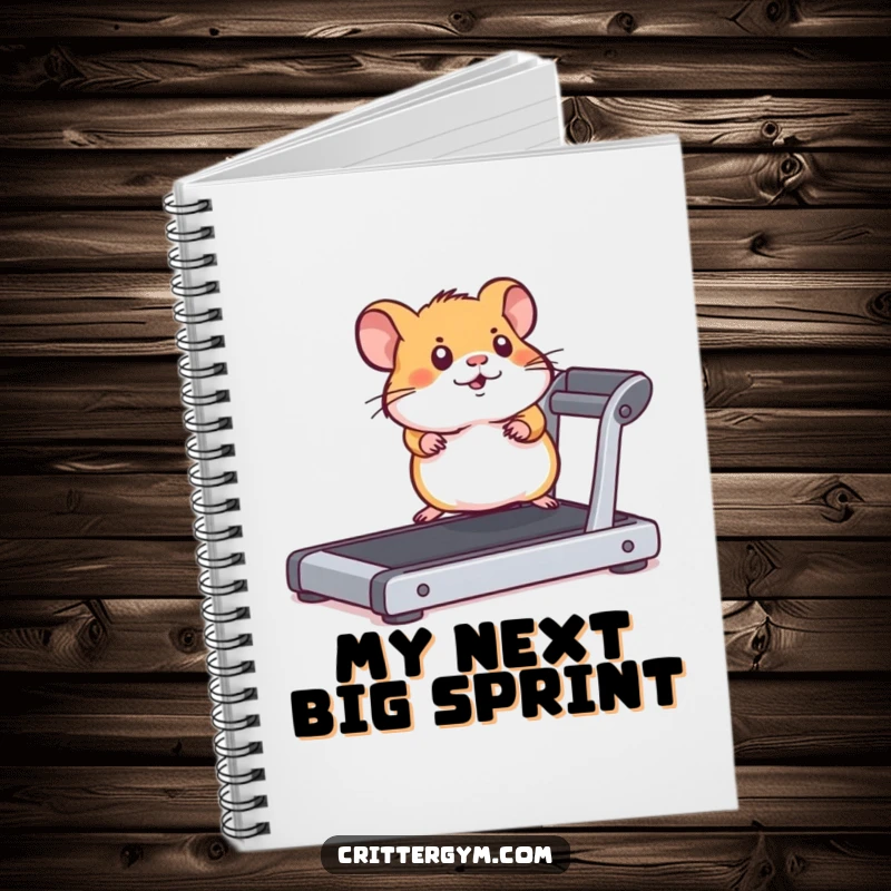Funny hamster running intensely on a miniature treadmill, featured on the cover of a humorous notebook.