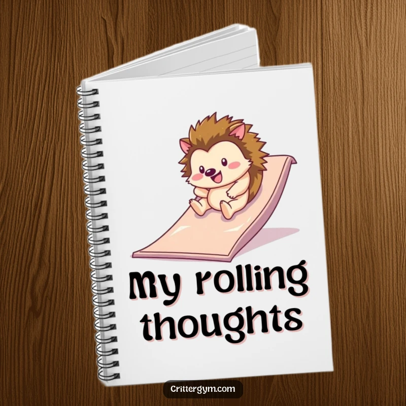 Funny notebook with a happy hedgehog rolling down a slippery slide on a gym mat, ideal for jotting notes with a humorous, joyful touch.