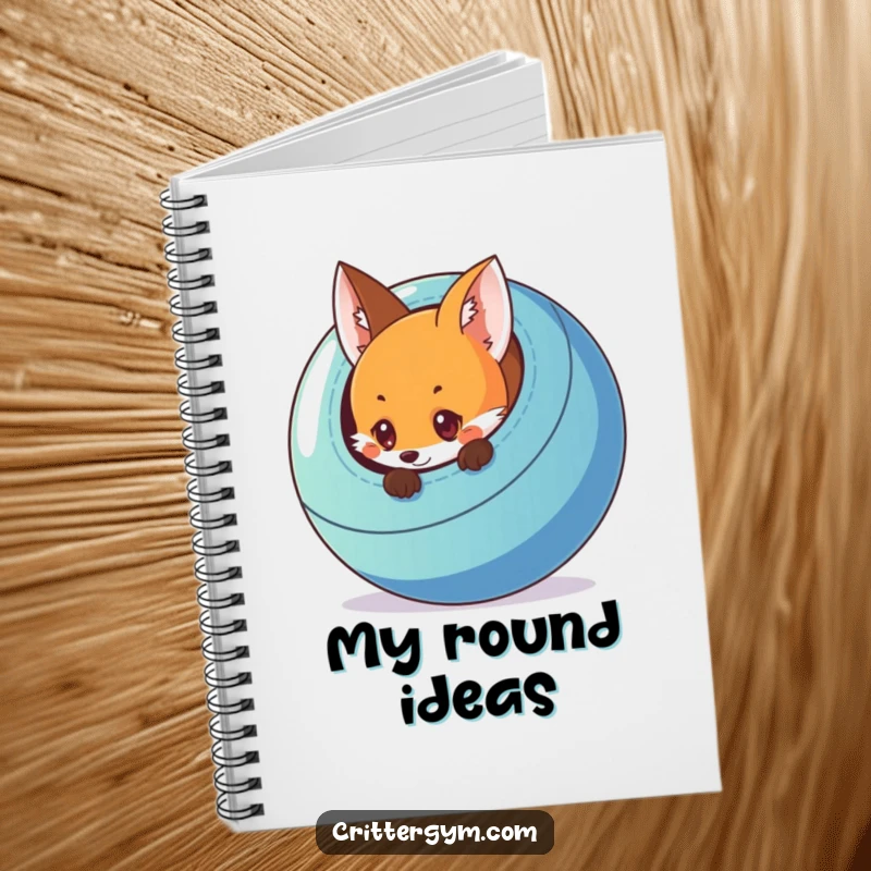 Funny notebook with a curious fox peeking from behind a large, colorful exercise ball on the cover, great for journaling.