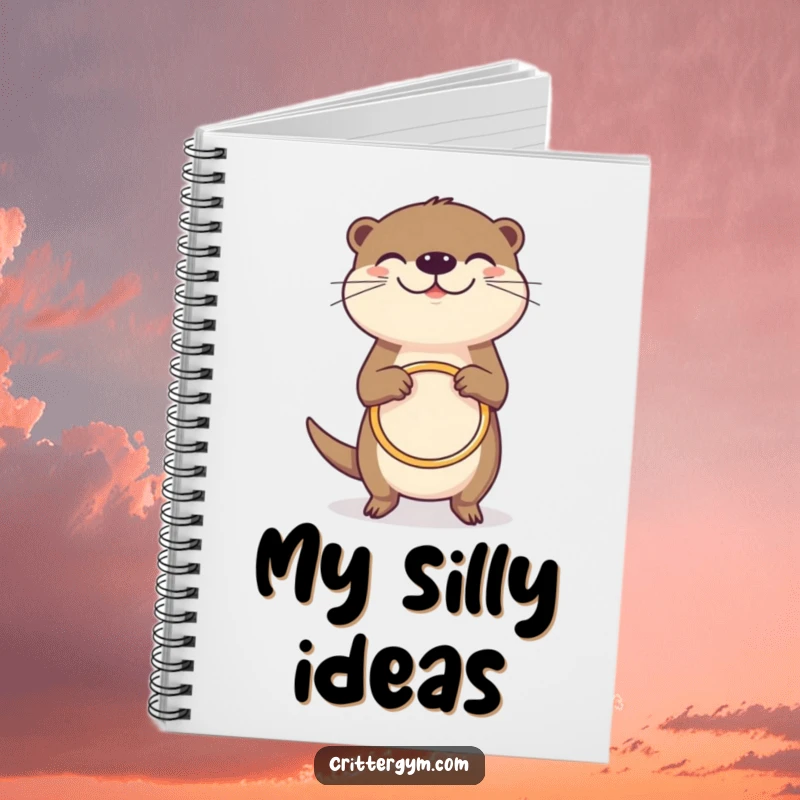 Funny grinning otter notebook, joyfully spinning a tiny hula hoop, for writing and doodling, humorous funny gift.