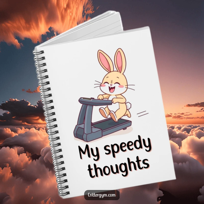 Funny notebook featuring a giggling bunny sprinting on a treadmill, ears flapping, for jotting notes with humor.