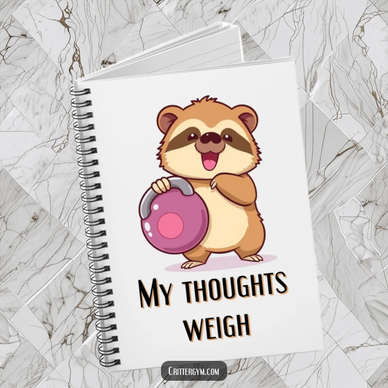 Funny kawaii sloth character struggling with a kettlebell on the cover of a notebook, ideal for a funny gift.