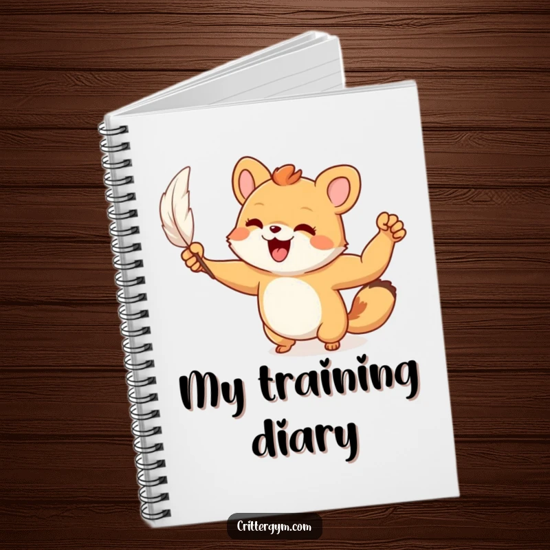 Funny Notebook: A small animal character joyfully flexes a tiny, muscular arm after lifting a feather, illustrating humorous strength.