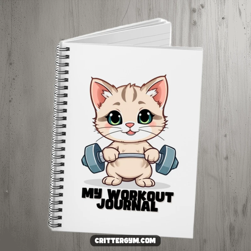 Funny notebook with a proud kitten posing with tiny weights, ideal for tracking fitness goals with a humorous, motivational touch.