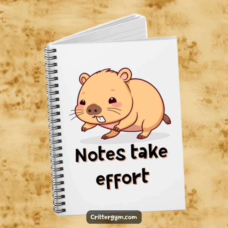Funny kawaii capybara character attempting a push-up on the cover of a notebook, ideal for a funny gift.